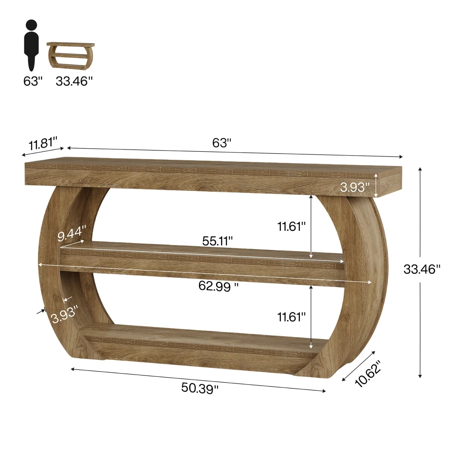 63" Farmhouse Console Table, 3-Tier Wooden Entryway Table Sofa Console