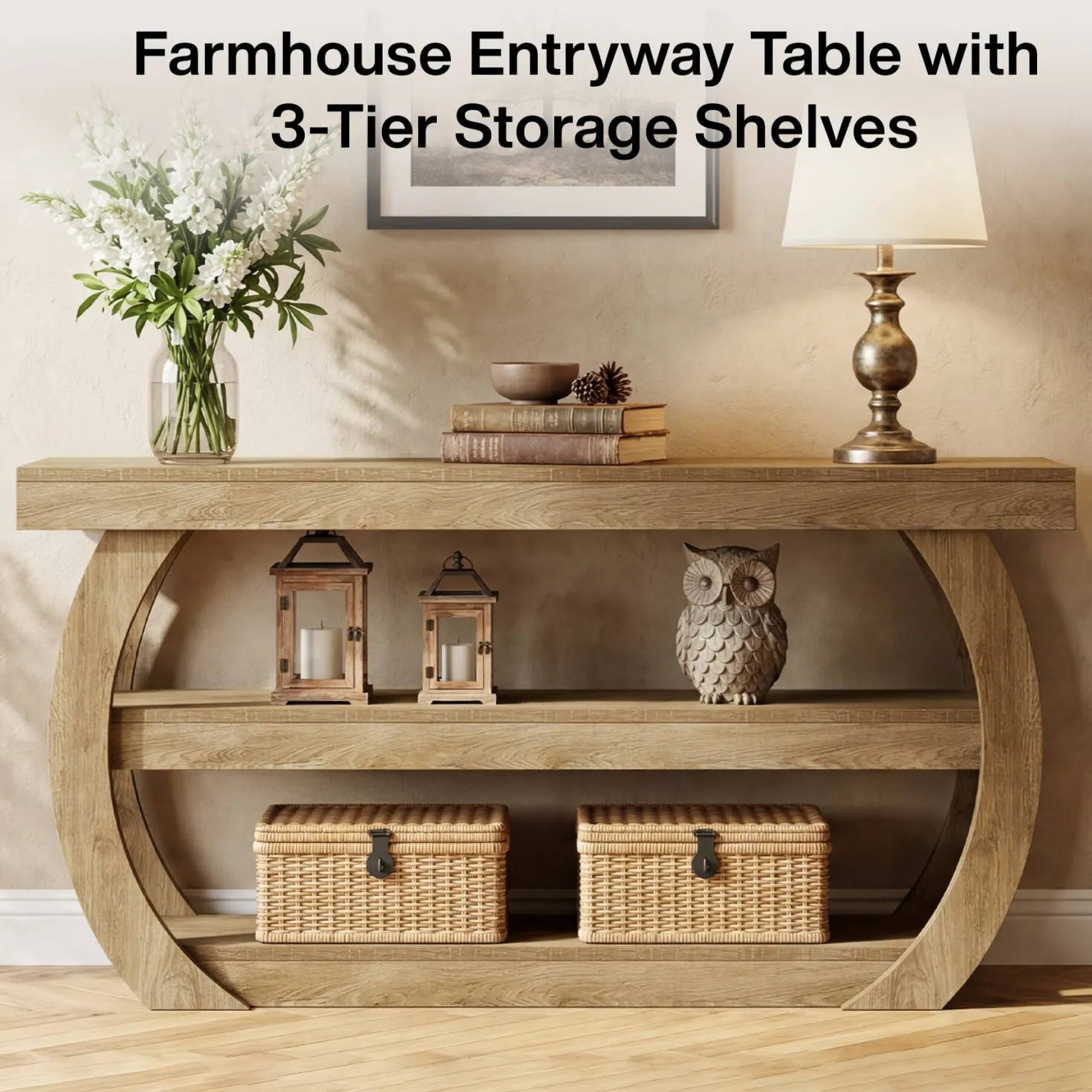 63" Farmhouse Console Table, 3-Tier Wooden Entryway Table Sofa Console