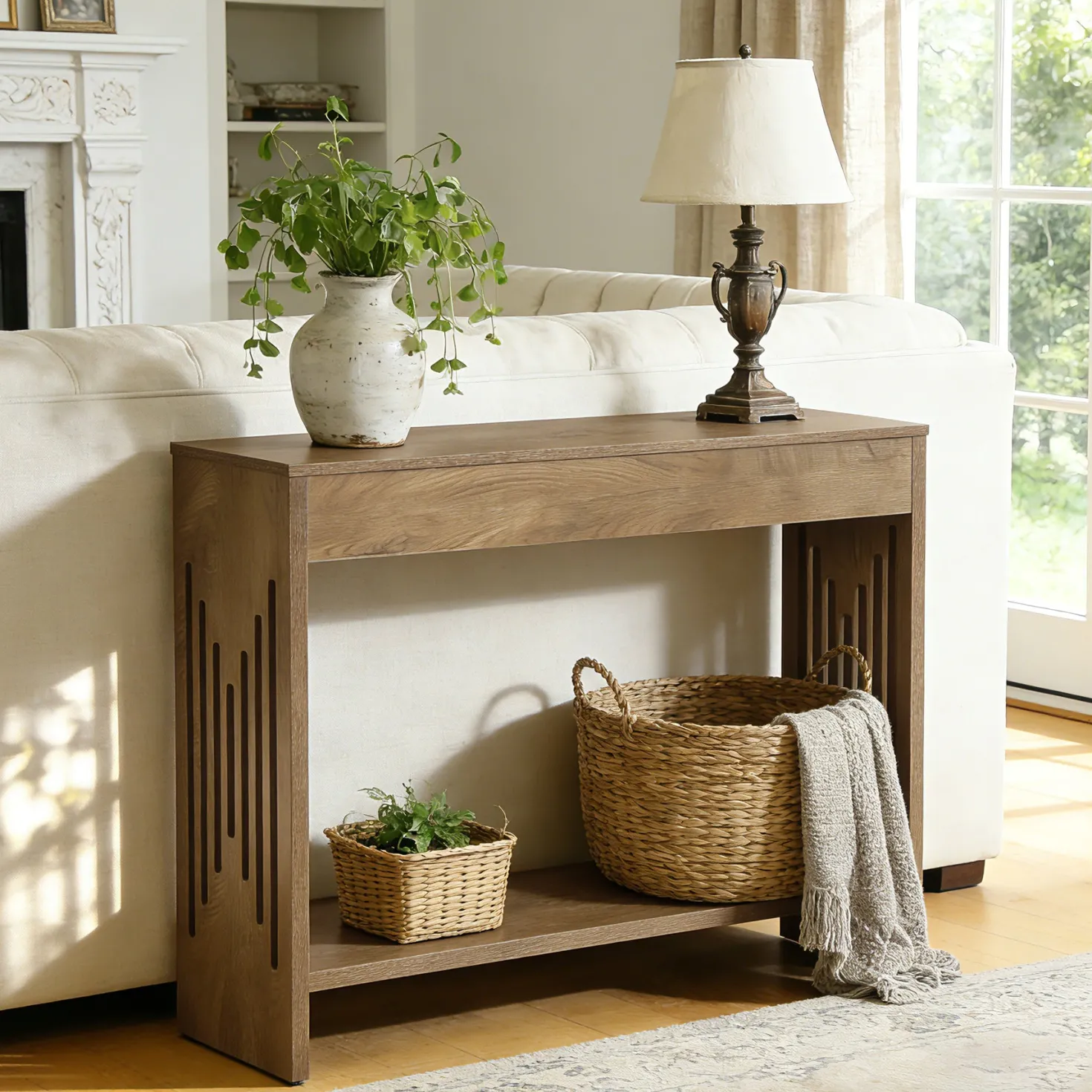41.3" Farmhouse Console Table with 2-Tier Shelf, Narrow Sofa Table with Fluted Legs for Entryway or Behind Couch