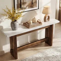 63" Farmhouse Console Table with Faux Marble Top, Narrow Sofa & Entryway Table for Behind Couch