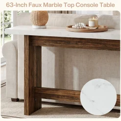 63" Farmhouse Console Table with Faux Marble Top, Narrow Sofa & Entryway Table for Behind Couch