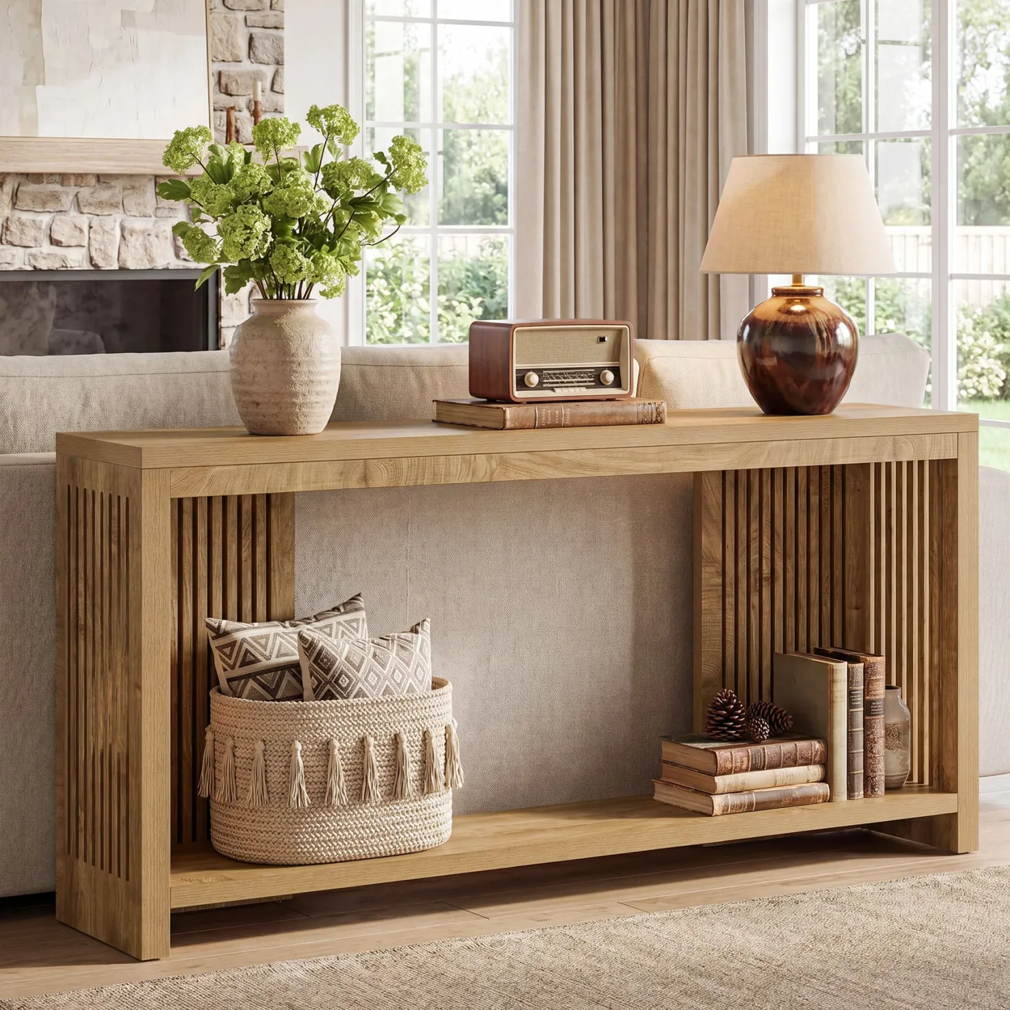 71" Farmhouse Console Table with Storage Shelf, Long Narrow Sofa Table for Entryway & Hallway