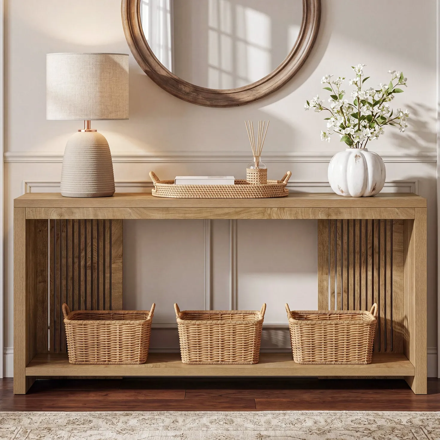 71" Farmhouse Console Table with Storage Shelf, Long Narrow Sofa Table for Entryway & Hallway