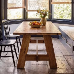63" Farmhouse Dining Table , Natural Wood Rectangle Kitchen Table with Sturdy Trestle Base for 4-6