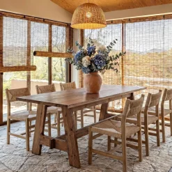 63" Farmhouse Dining Table , Natural Wood Rectangle Kitchen Table with Sturdy Trestle Base for 4-6