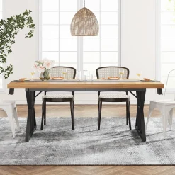 70.8" Farmhouse Dining Table for 6, Rectangular Wood Kitchen Table with Metal Legs