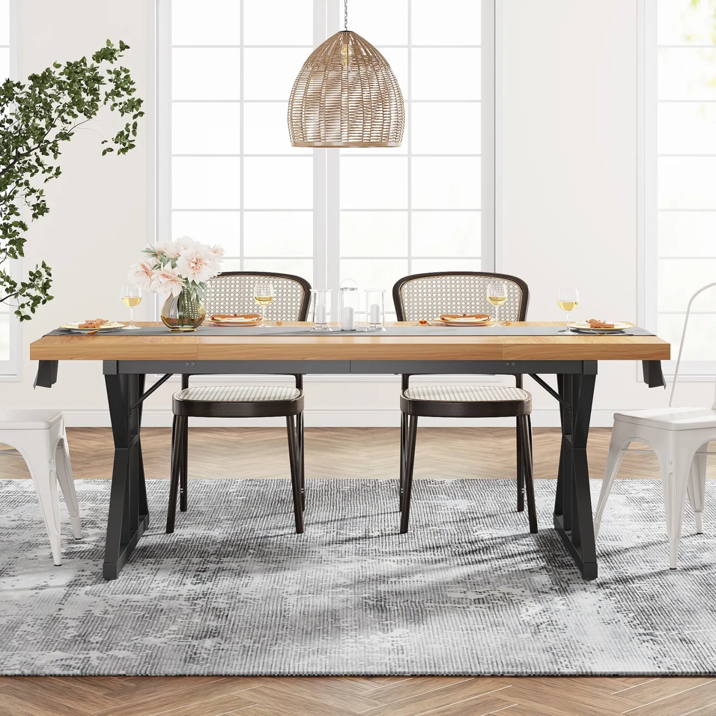 70.8" Farmhouse Dining Table for 6, Rectangular Wood Kitchen Table with Metal Legs