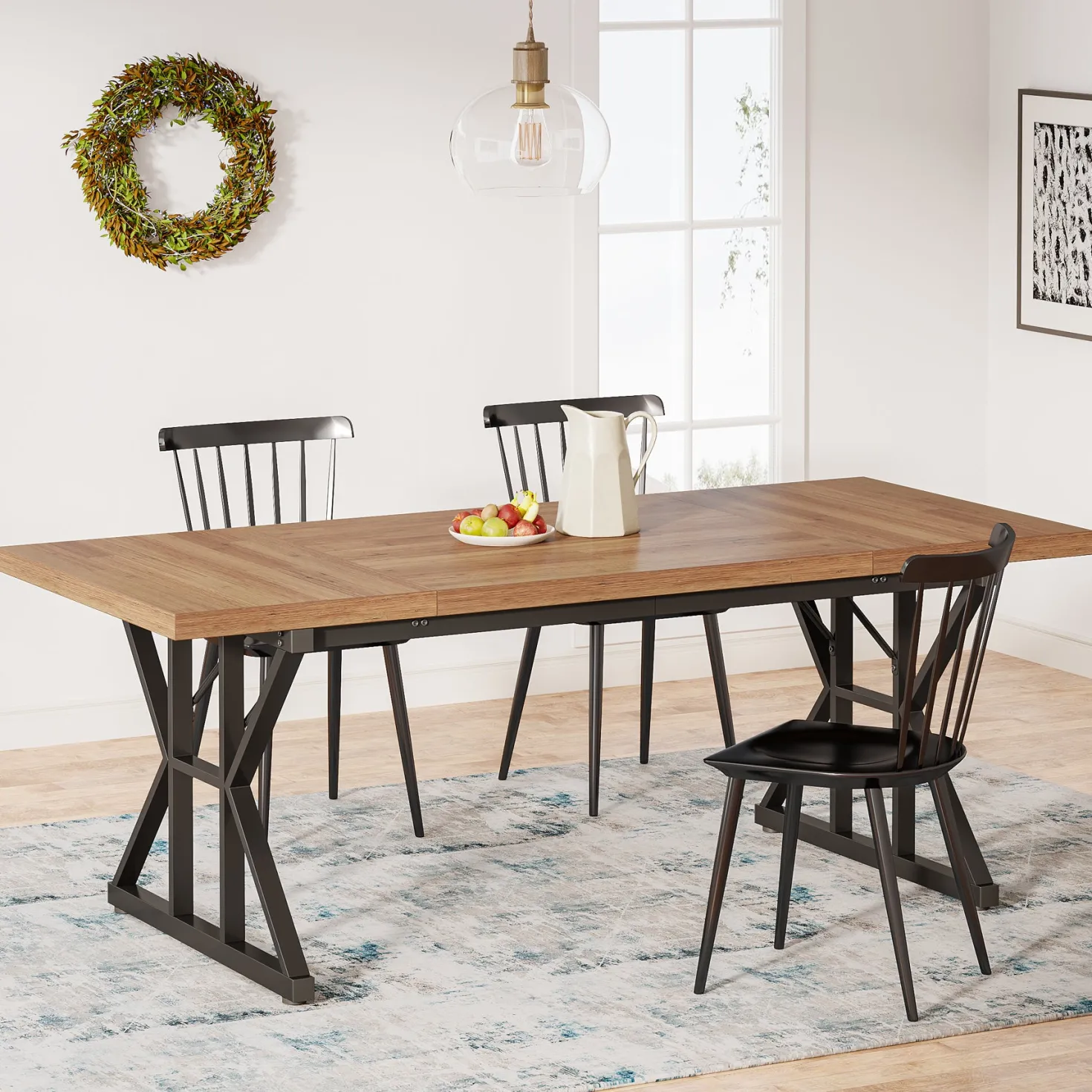 70.8" Farmhouse Dining Table for 6, Rectangular Wood Kitchen Table with Metal Legs