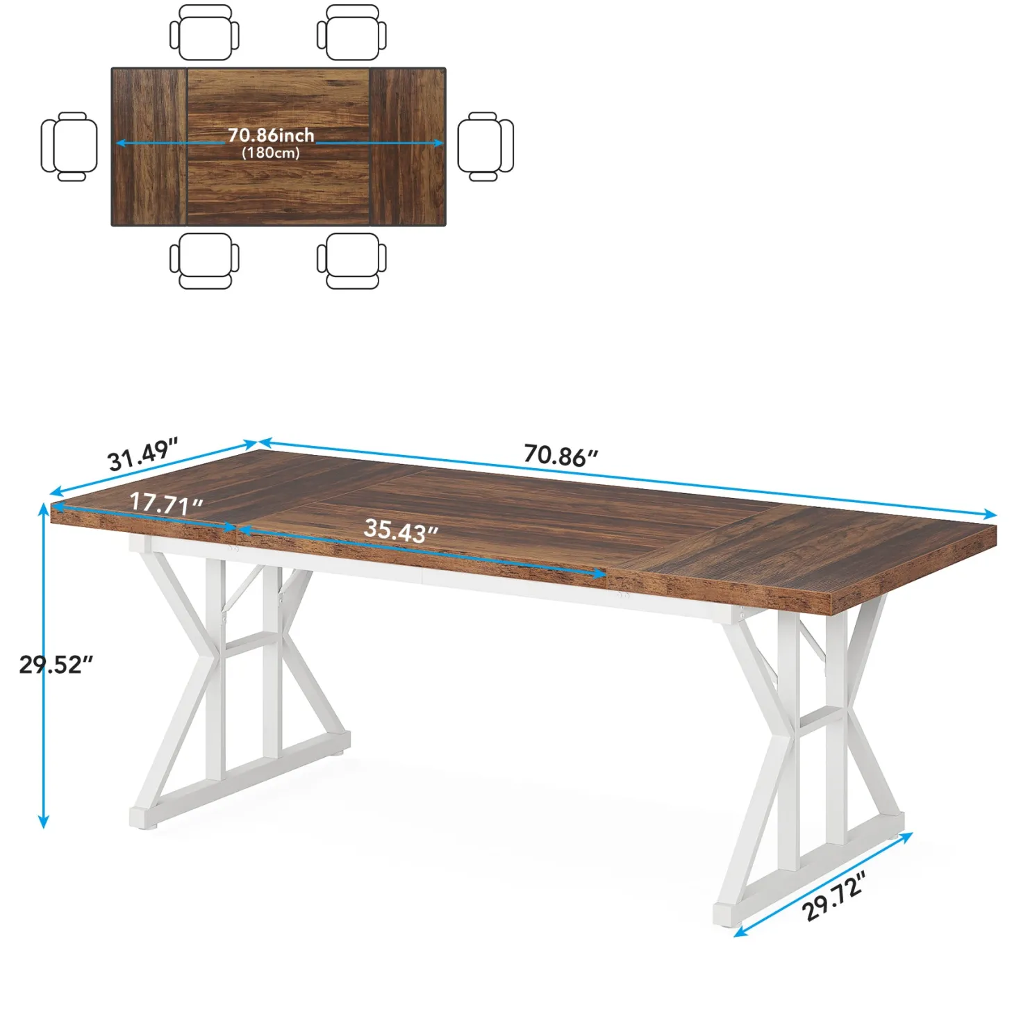 70.8" Farmhouse Dining Table for 6, Rectangular Wood Kitchen Table with Metal Legs