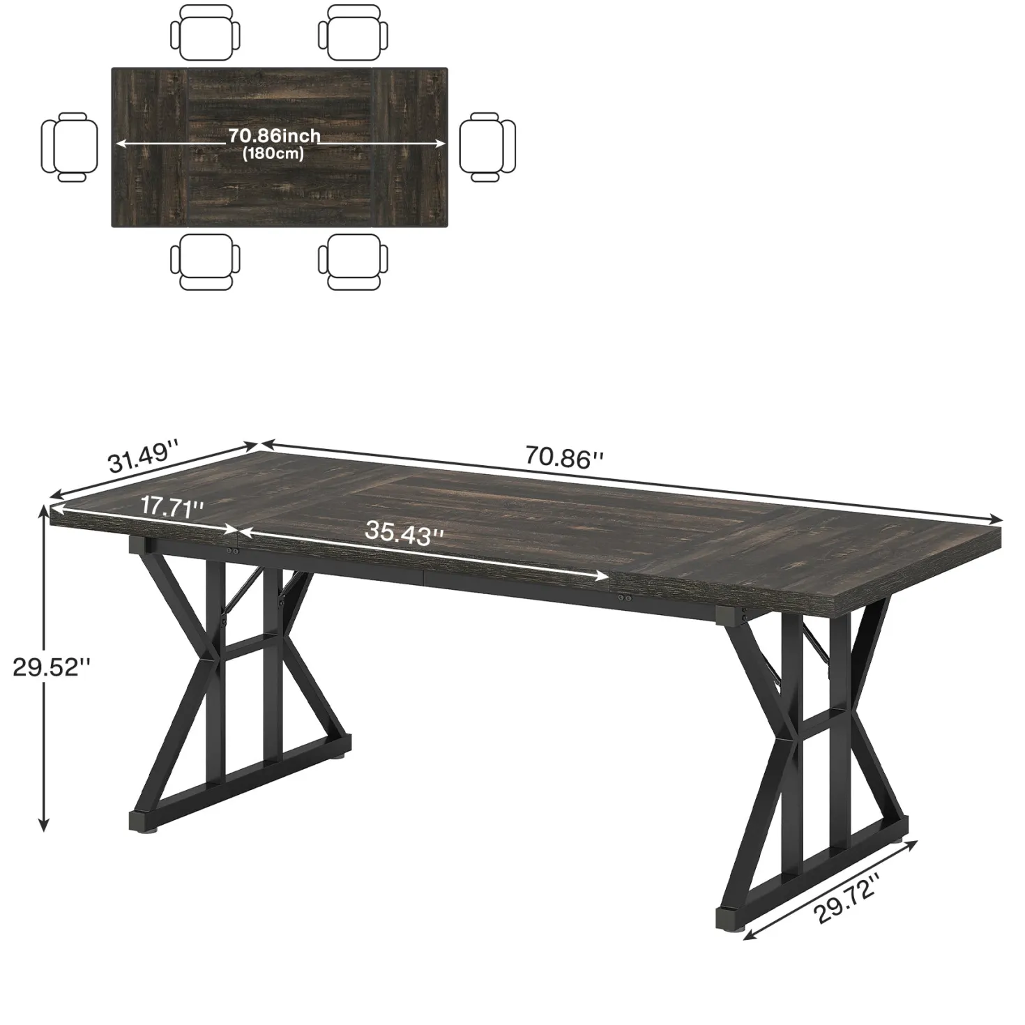 70.8" Farmhouse Dining Table for 6, Rectangular Wood Kitchen Table with Metal Legs