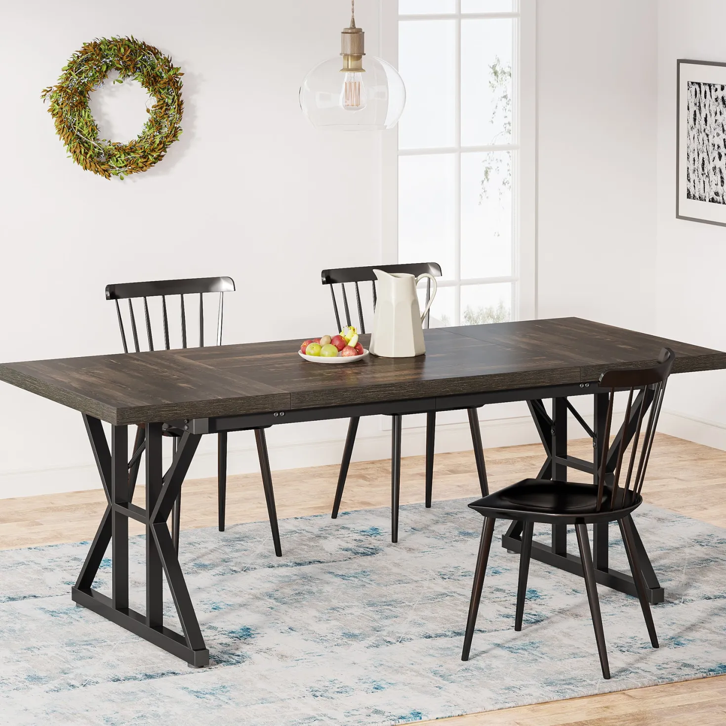 70.8" Farmhouse Dining Table for 6, Rectangular Wood Kitchen Table with Metal Legs