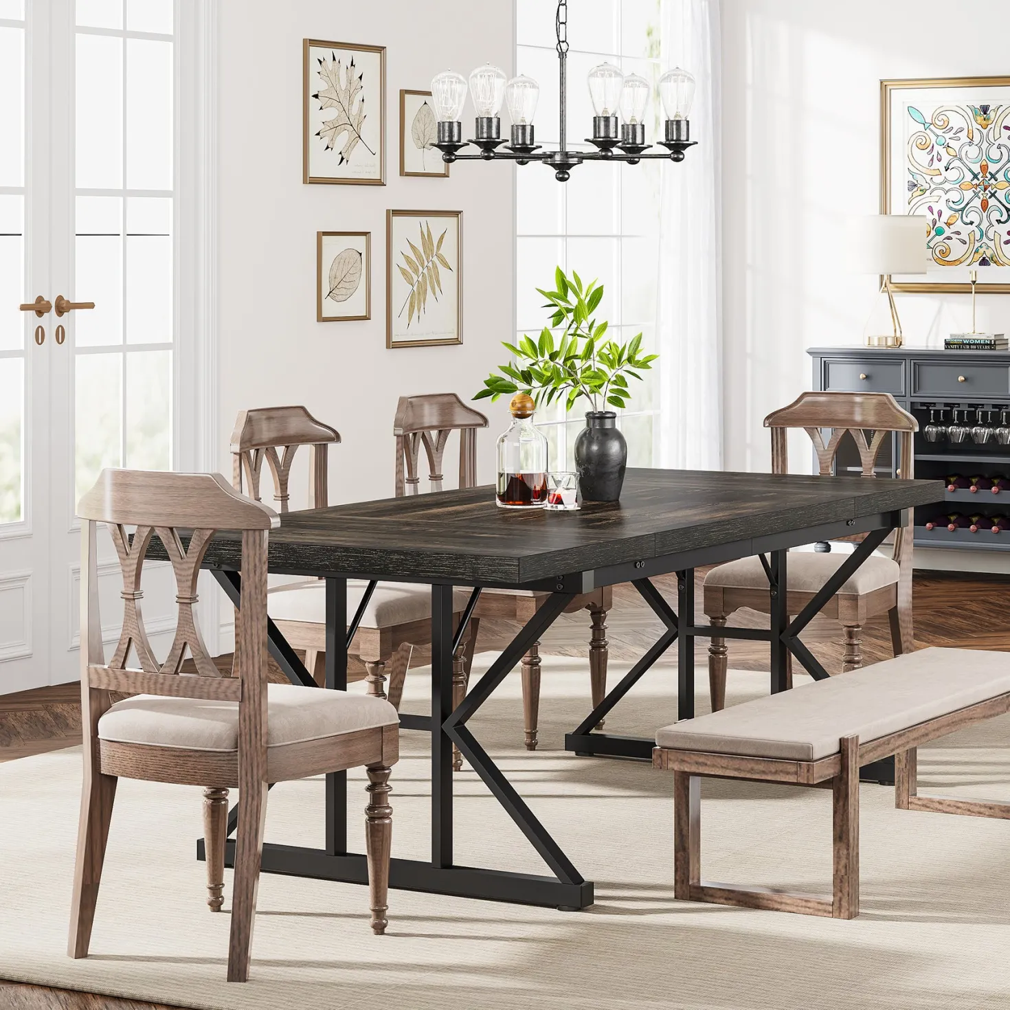 70.8" Farmhouse Dining Table for 6, Rectangular Wood Kitchen Table with Metal Legs