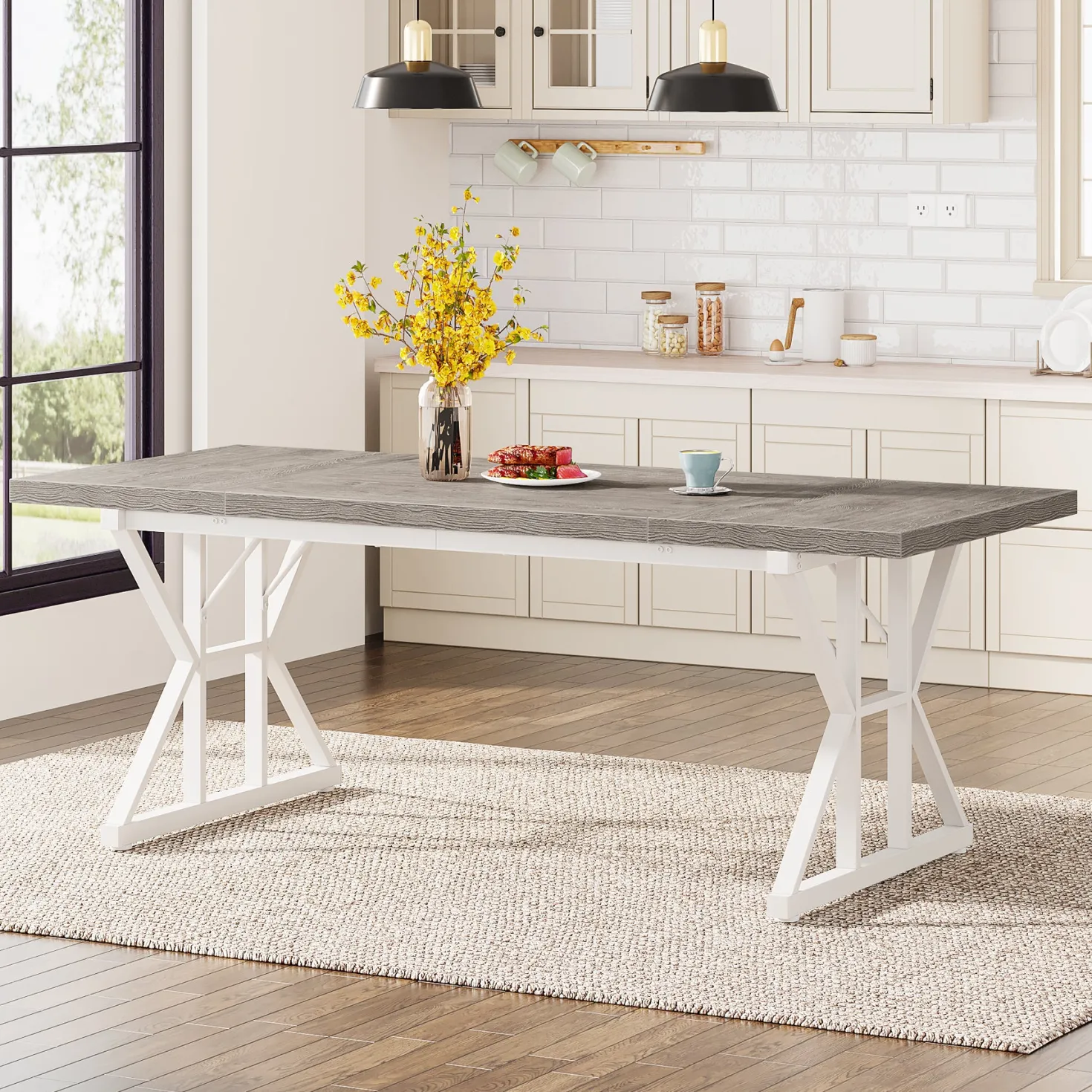 70.8" Farmhouse Dining Table for 6, Rectangular Wood Kitchen Table with Metal Legs