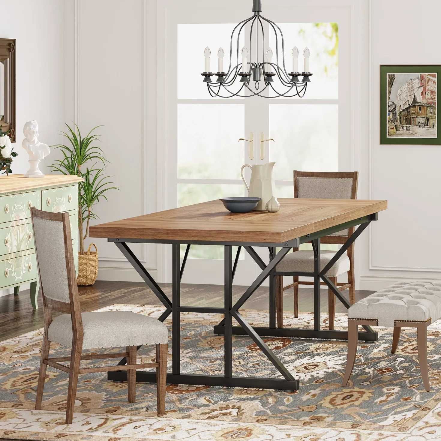 70.8" Farmhouse Dining Table for 6, Rectangular Wood Kitchen Table with Metal Legs