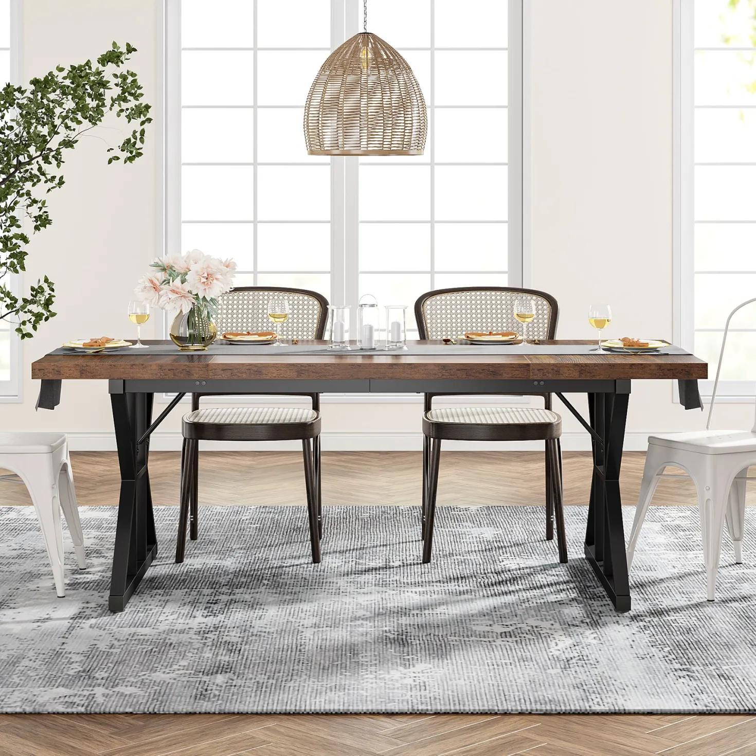 70.8" Farmhouse Dining Table for 6, Rectangular Wood Kitchen Table with Metal Legs