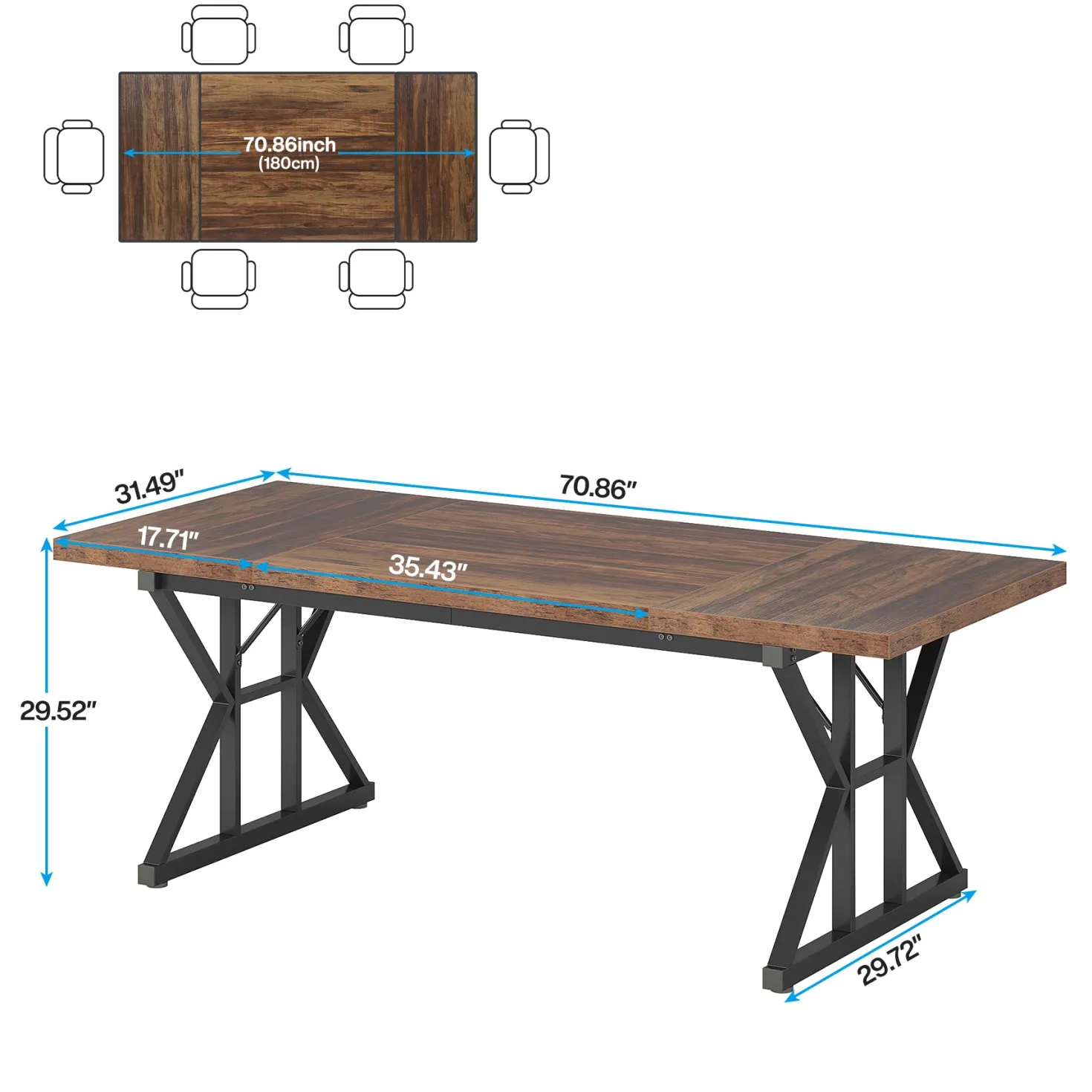 70.8" Farmhouse Dining Table for 6, Rectangular Wood Kitchen Table with Metal Legs