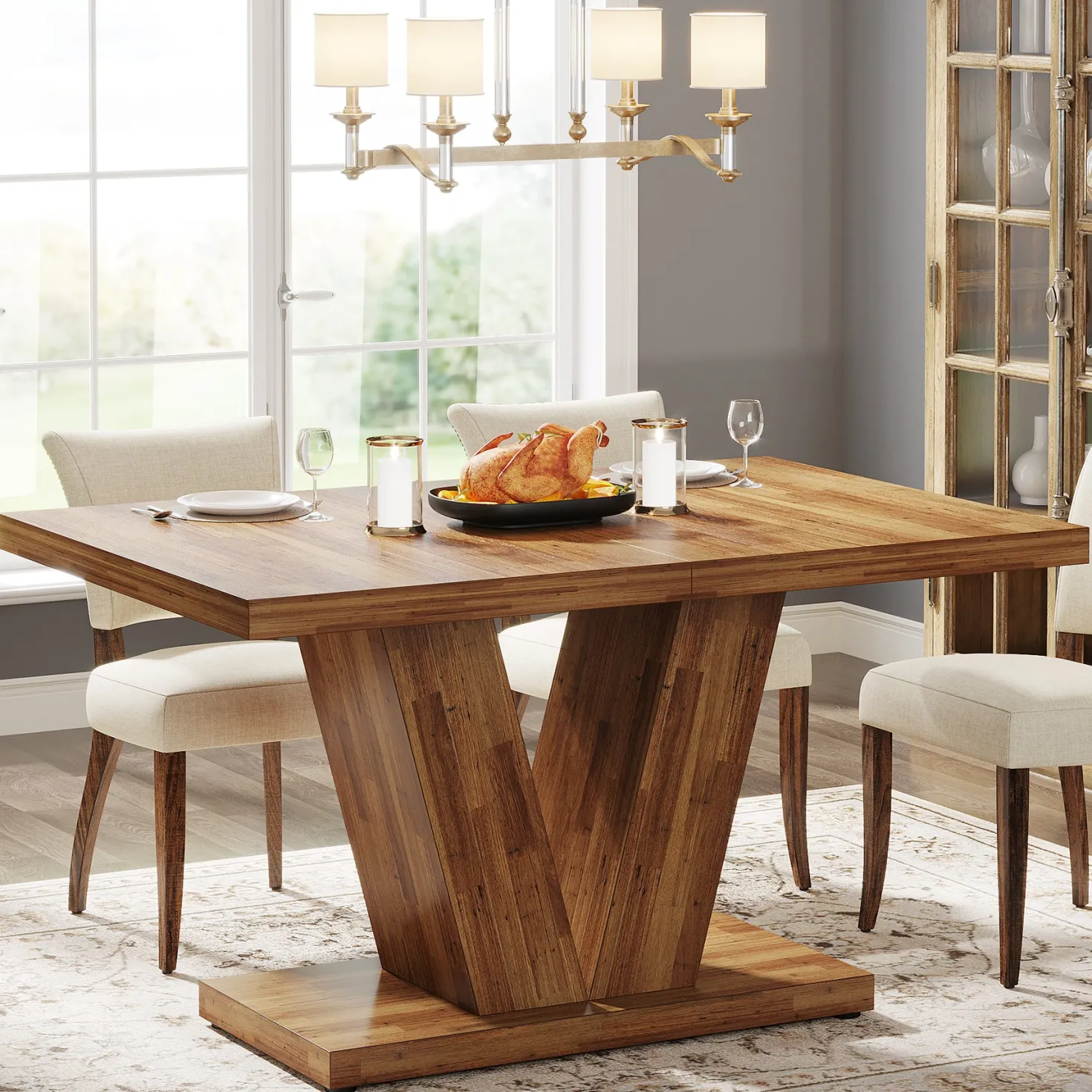 47" Farmhouse Dining Table, Kitchen Dinner Table with Duty Pedestal for 4 People