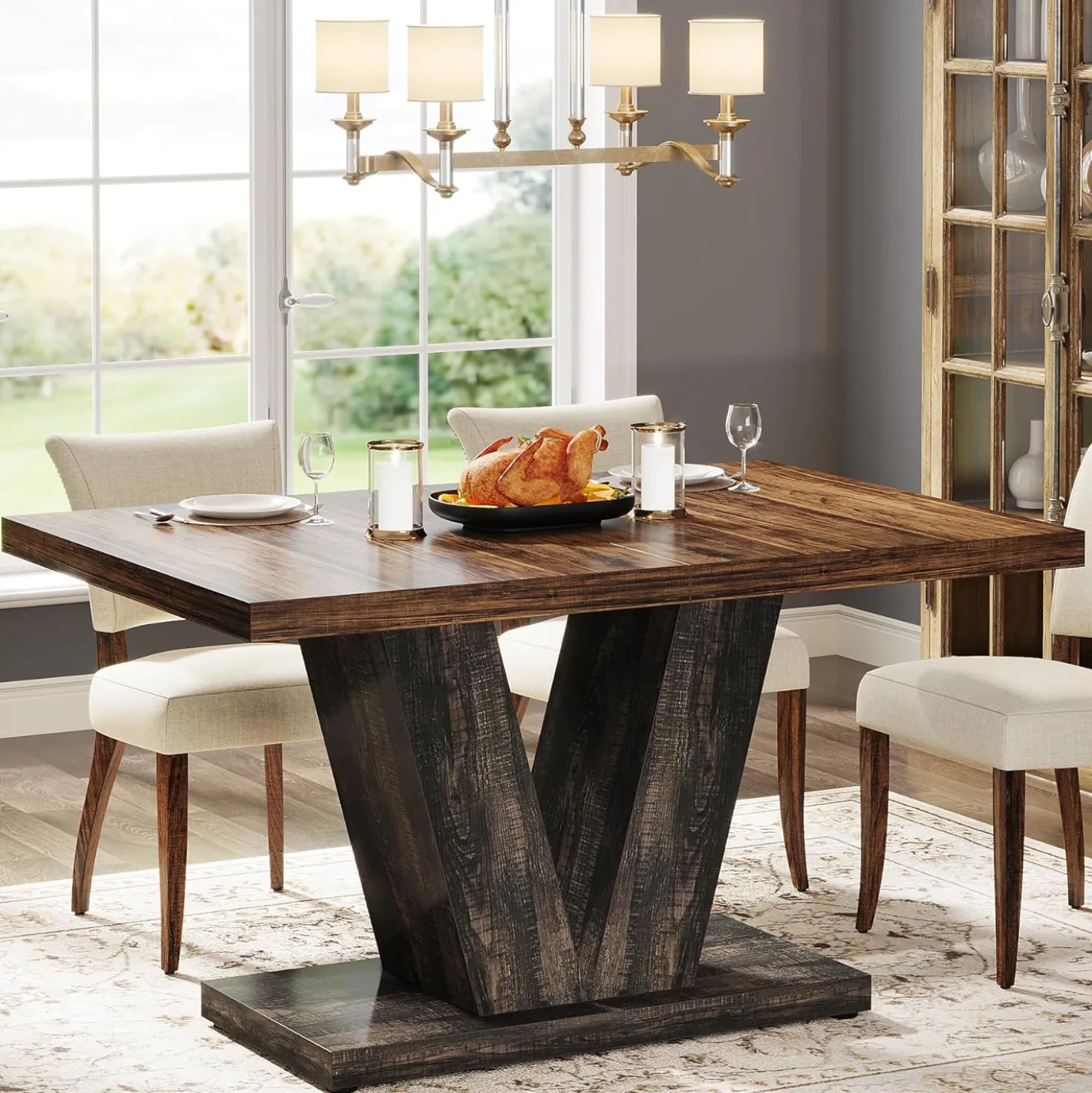 47" Farmhouse Dining Table, Kitchen Dinner Table with Duty Pedestal for 4 People