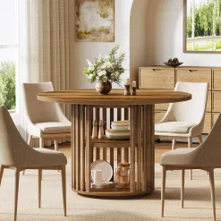 47" Farmhouse Dining Table, Round Kitchen Table with 2-Tier Storage Shelf