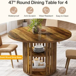 47" Farmhouse Dining Table, Round Kitchen Table with 2-Tier Storage Shelf