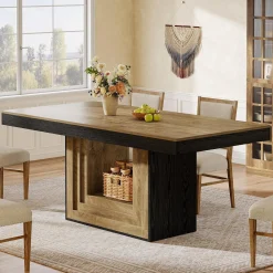 63" Farmhouse Dining Table, Rectangle Kitchen Dinner Table for 4-6 People