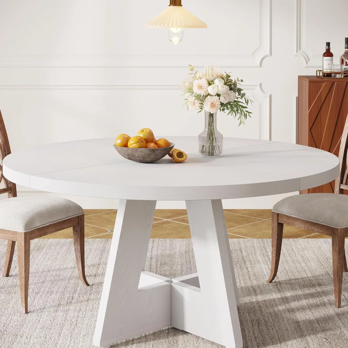 47" Farmhouse Dining Table, Round Wooden Kitchen Dinner Table for 4 People