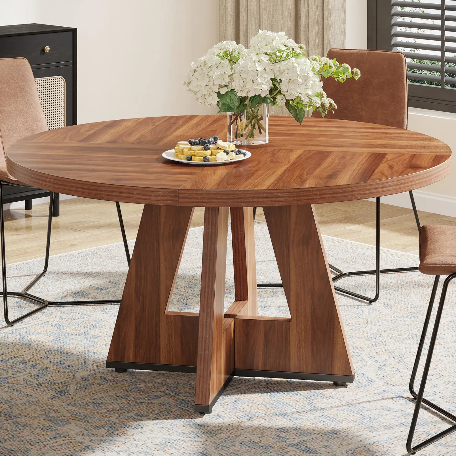 47" Farmhouse Dining Table, Round Wooden Kitchen Dinner Table for 4 People