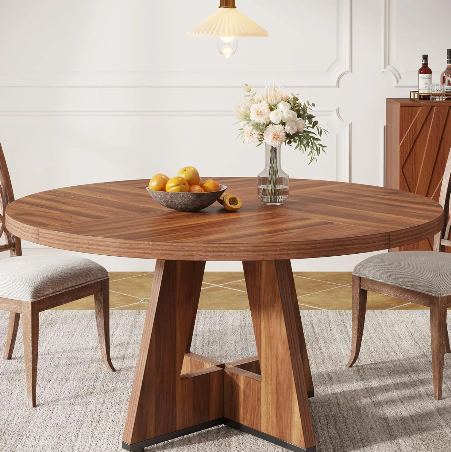 47" Farmhouse Dining Table, Round Wooden Kitchen Dinner Table for 4 People