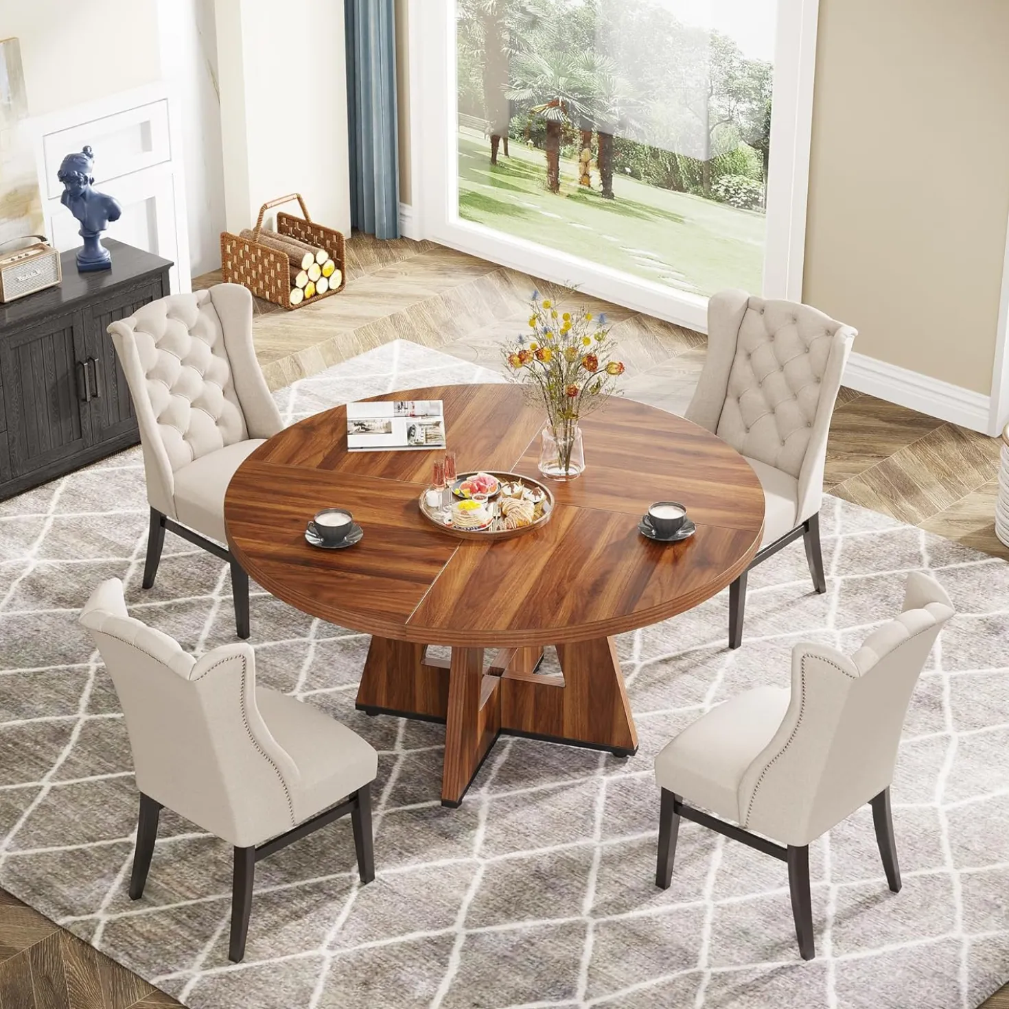 47" Farmhouse Dining Table, Round Wooden Kitchen Dinner Table for 4 People