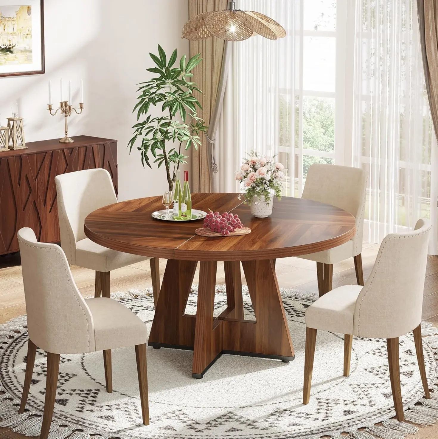 47" Farmhouse Dining Table, Round Wooden Kitchen Dinner Table for 4 People