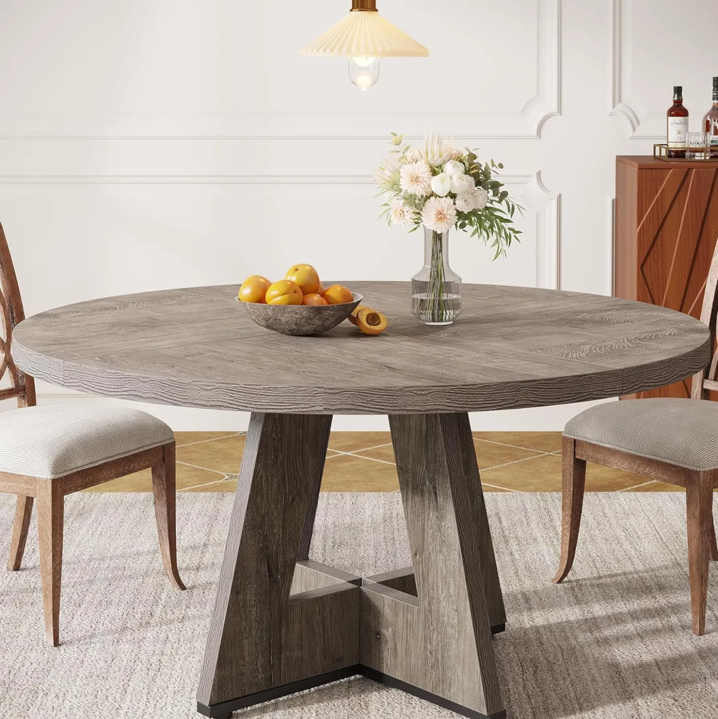 47" Farmhouse Dining Table, Round Wooden Kitchen Dinner Table for 4 People