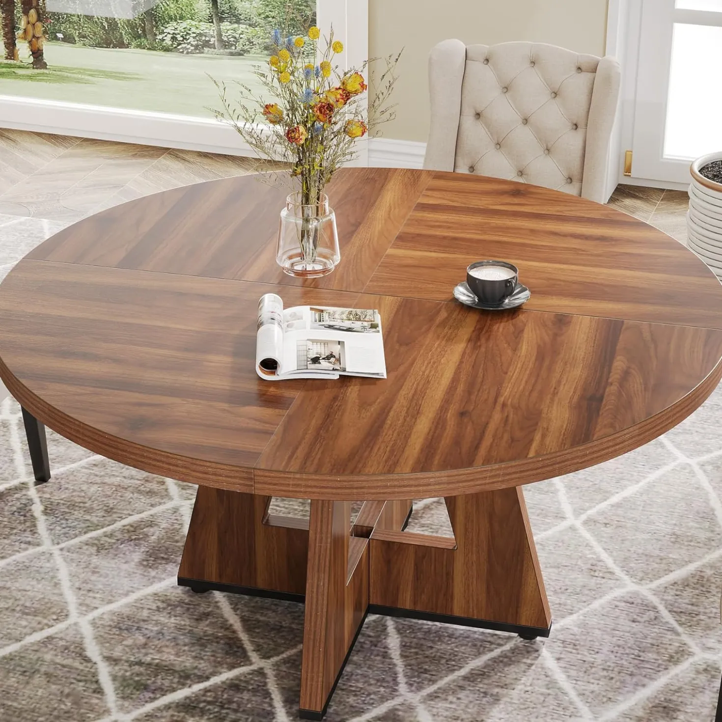 47" Farmhouse Dining Table, Round Wooden Kitchen Dinner Table for 4 People