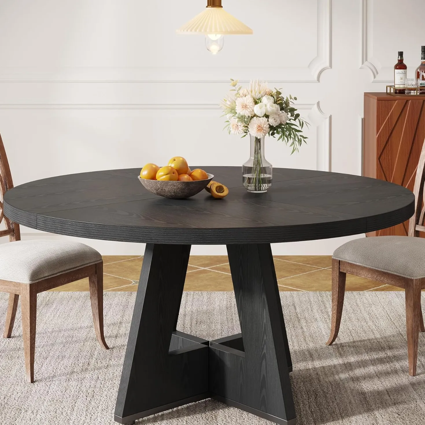 47" Farmhouse Dining Table, Round Wooden Kitchen Dinner Table for 4 People