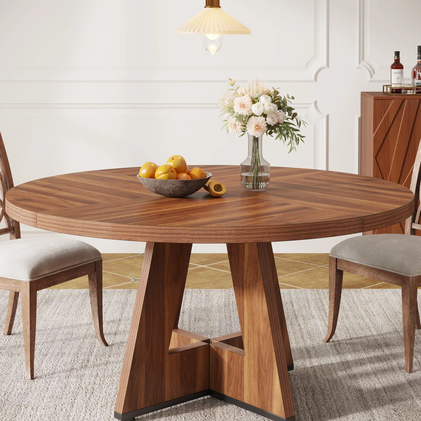 47" Farmhouse Dining Table, Round Wooden Kitchen Dinner Table for 4 People