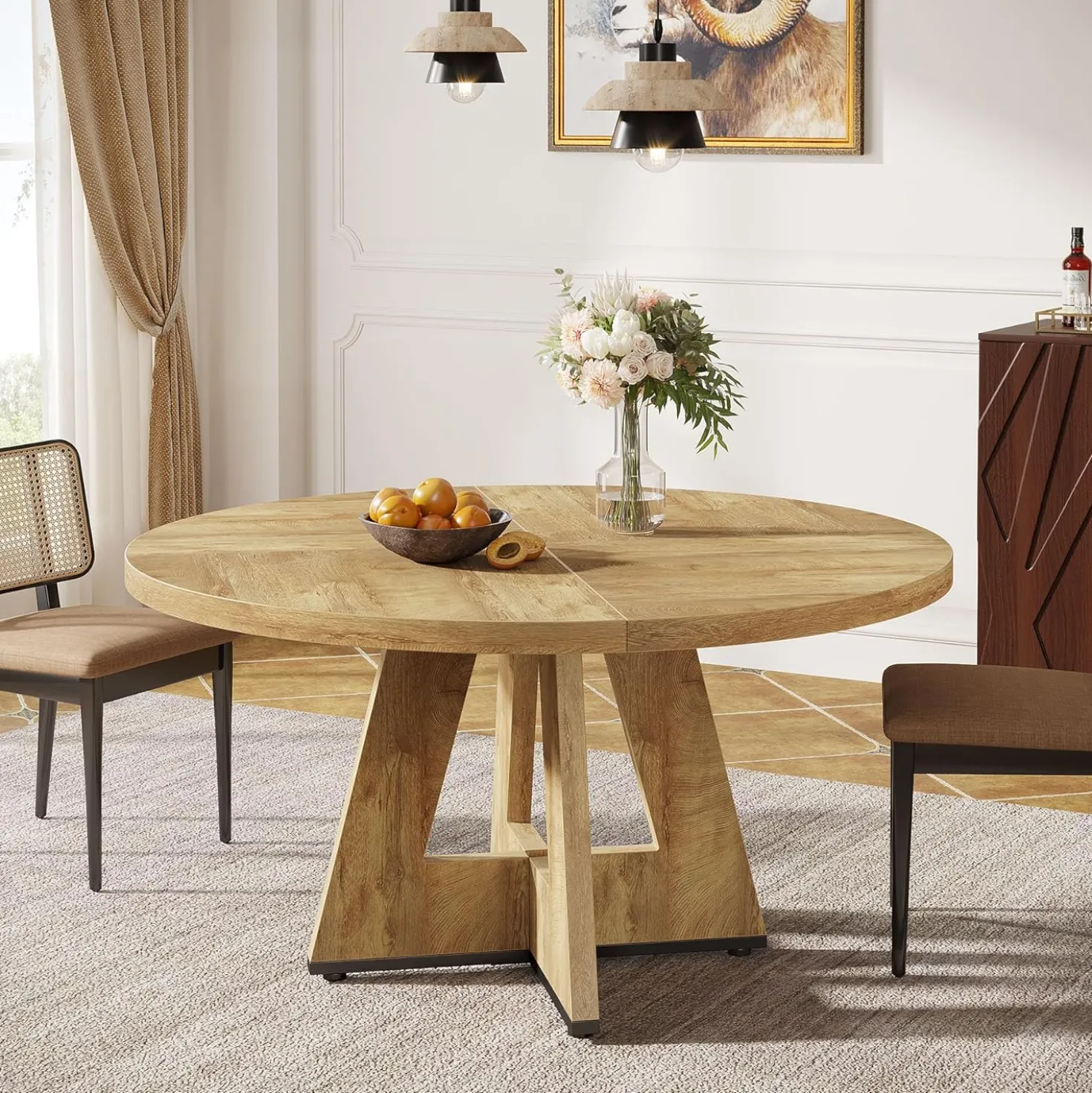 47" Farmhouse Dining Table, Round Wooden Kitchen Dinner Table for 4 People
