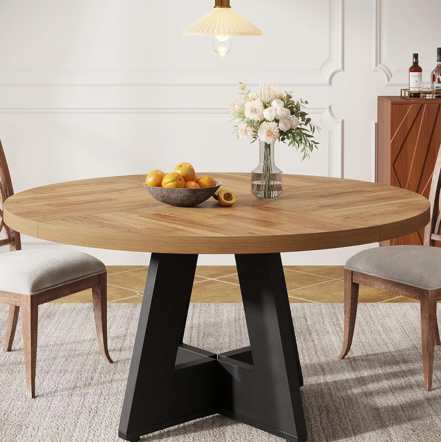 47" Farmhouse Dining Table, Round Wooden Kitchen Dinner Table for 4 People