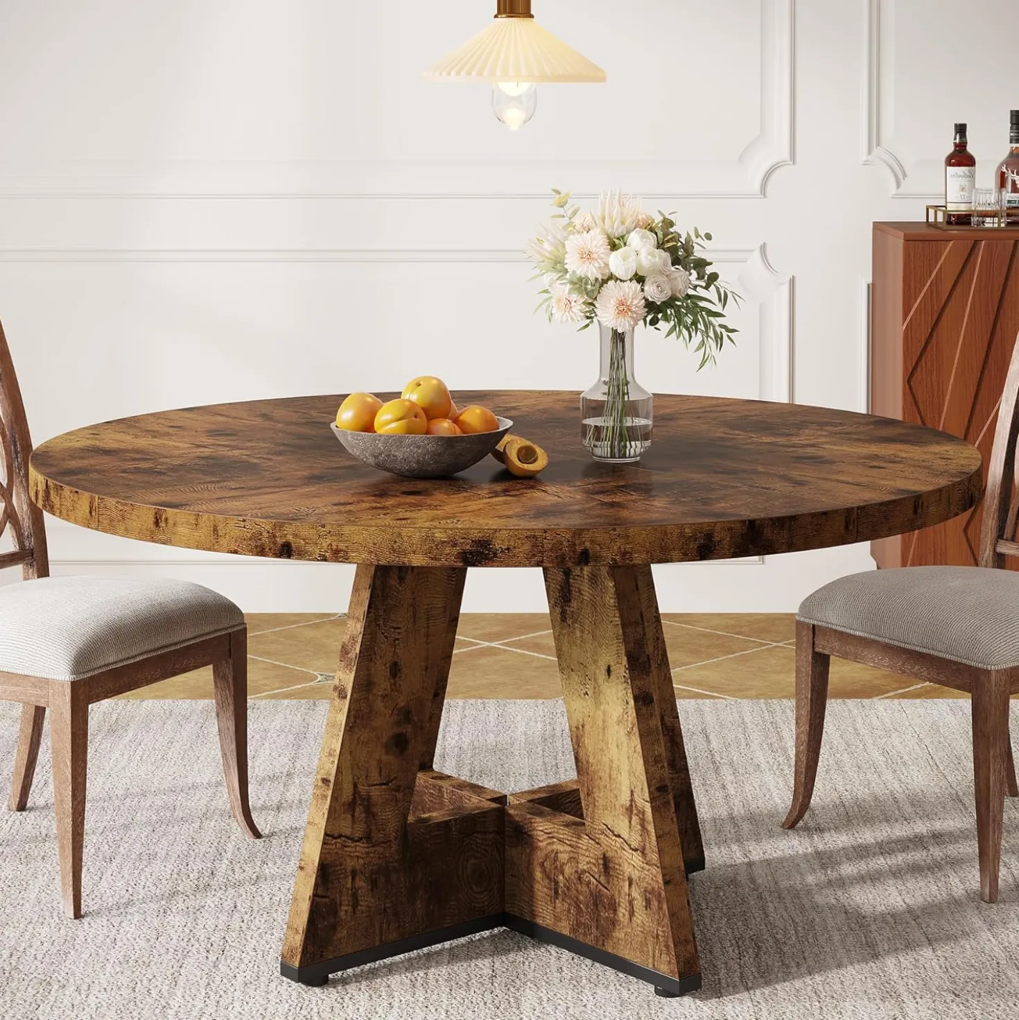 47" Farmhouse Dining Table, Round Wooden Kitchen Dinner Table for 4 People