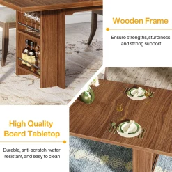 63" Farmhouse Dining Table Wooden Kitchen Table with Shelves for 6 to 8
