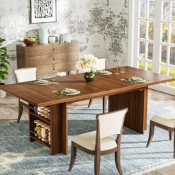 63" Farmhouse Dining Table Wooden Kitchen Table with Shelves for 6 to 8