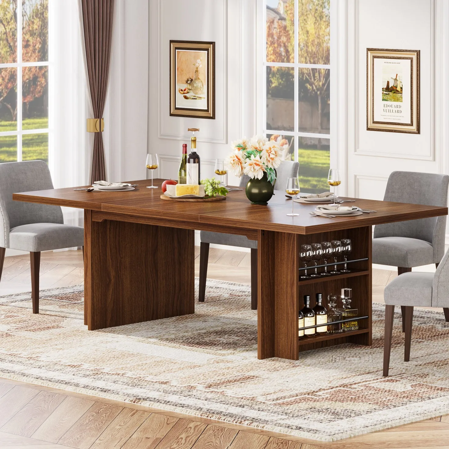 63" Farmhouse Dining Table Wooden Kitchen Table with Shelves for 6 to 8