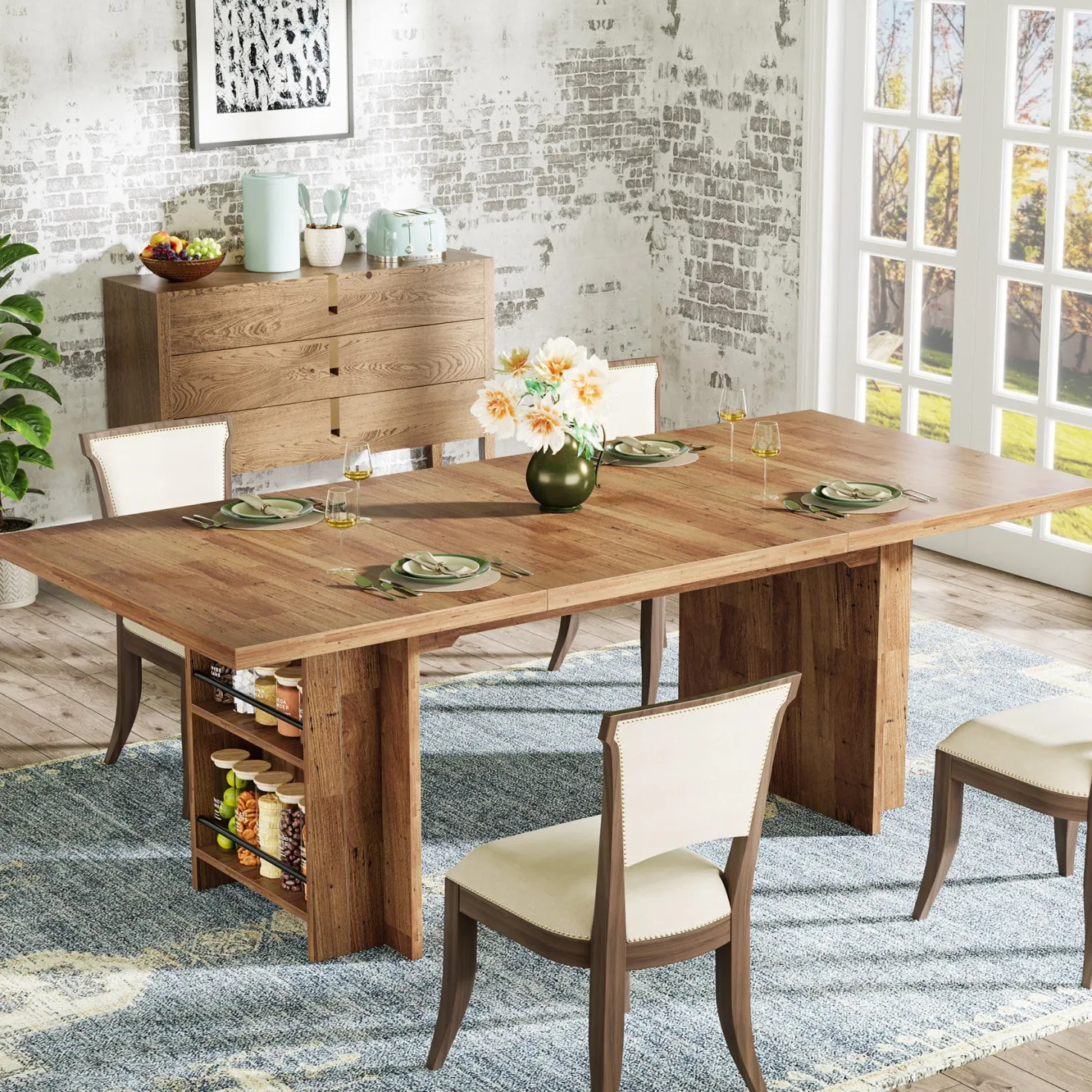 63" Farmhouse Dining Table Wooden Kitchen Table with Shelves for 6 to 8