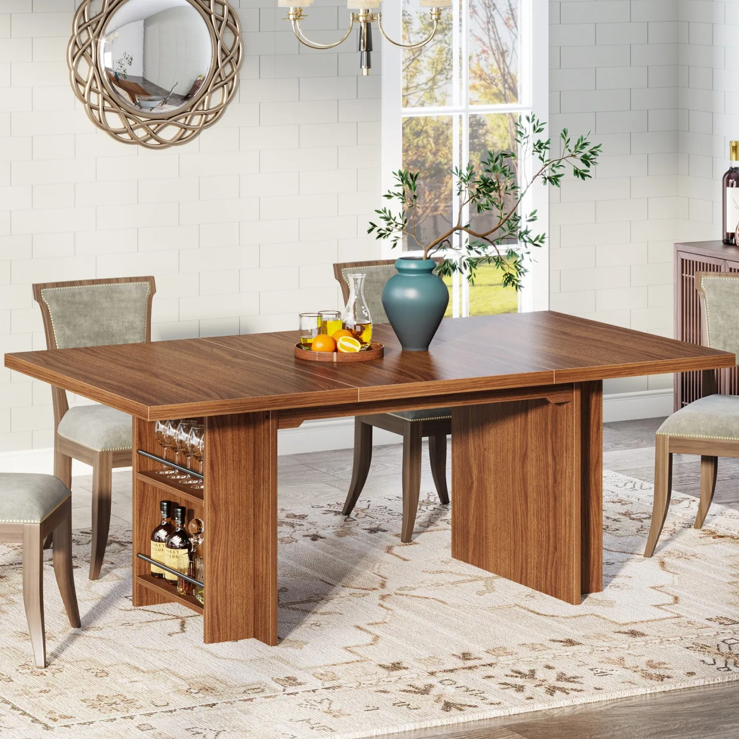 63" Farmhouse Dining Table Wooden Kitchen Table with Shelves for 6 to 8