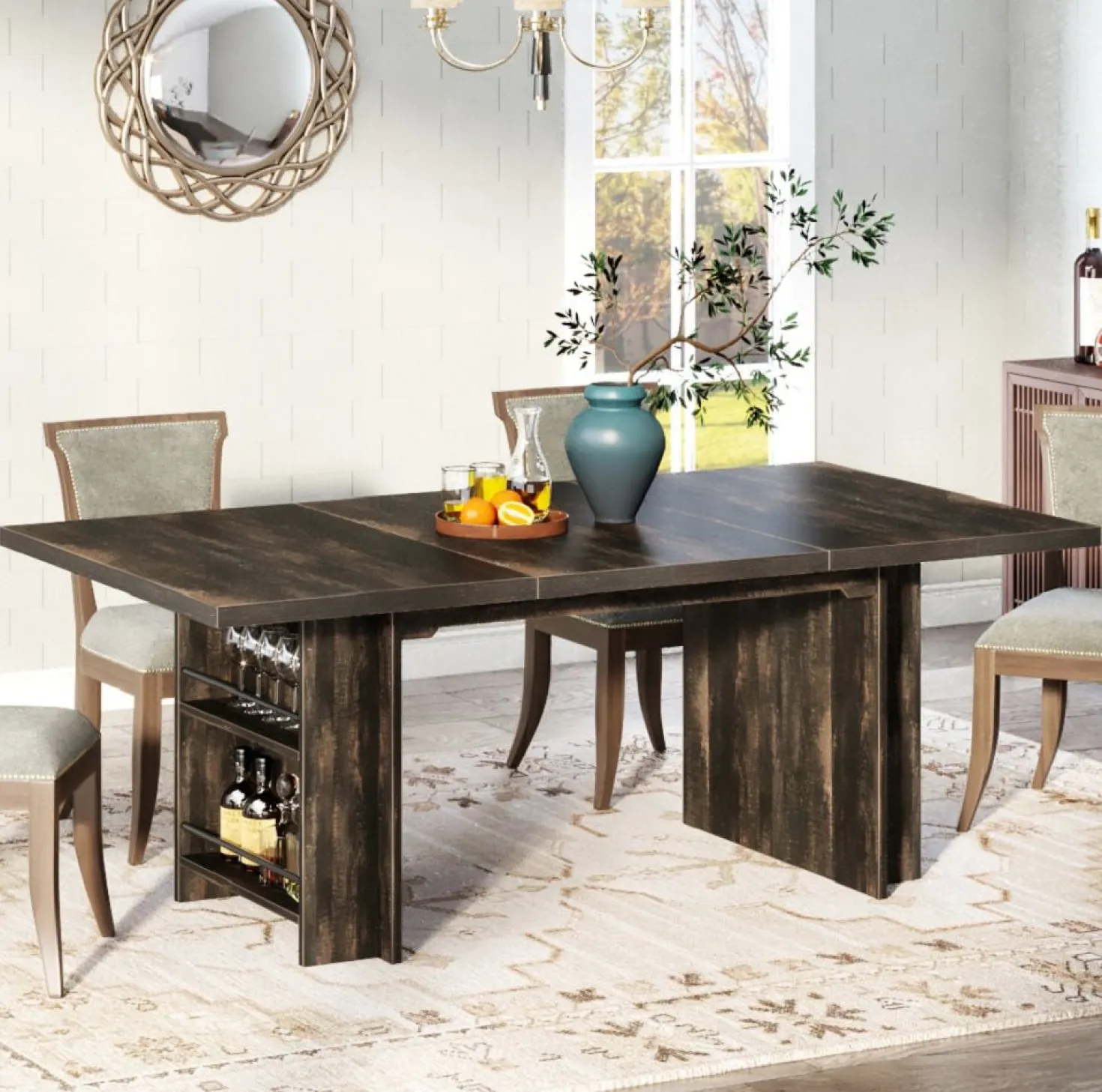 63" Farmhouse Dining Table Wooden Kitchen Table with Shelves for 6 to 8
