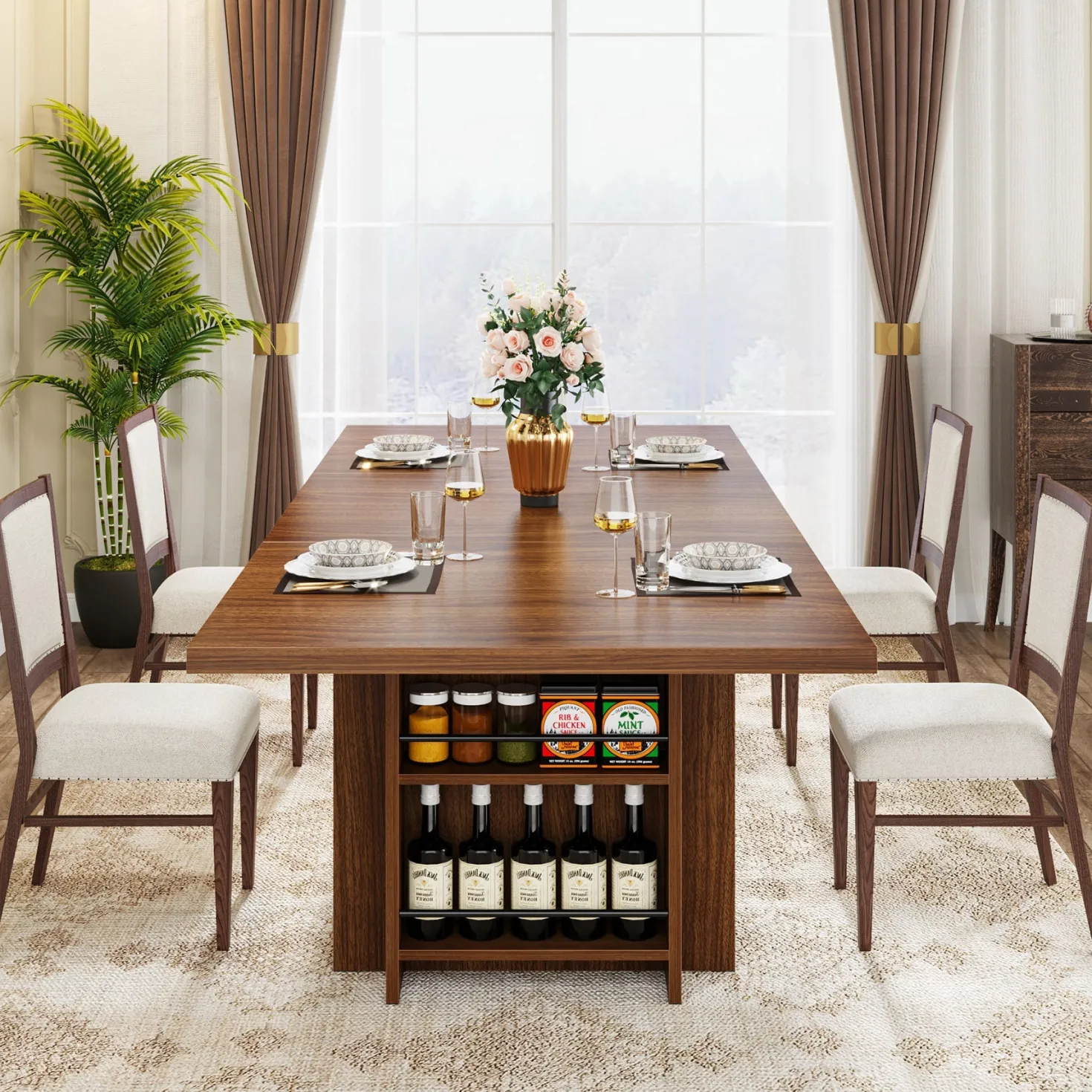 63" Farmhouse Dining Table Wooden Kitchen Table with Shelves for 6 to 8
