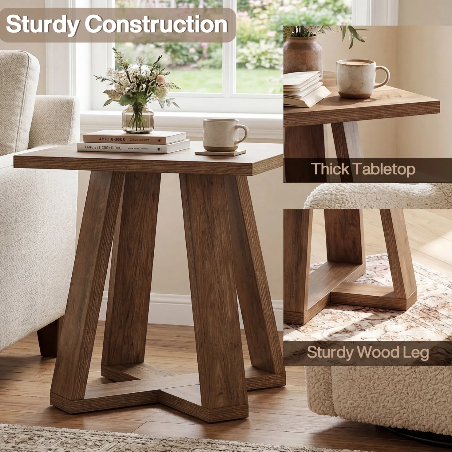 19.7" Farmhouse End Table, Cross Leg Square Side Table for Living Room