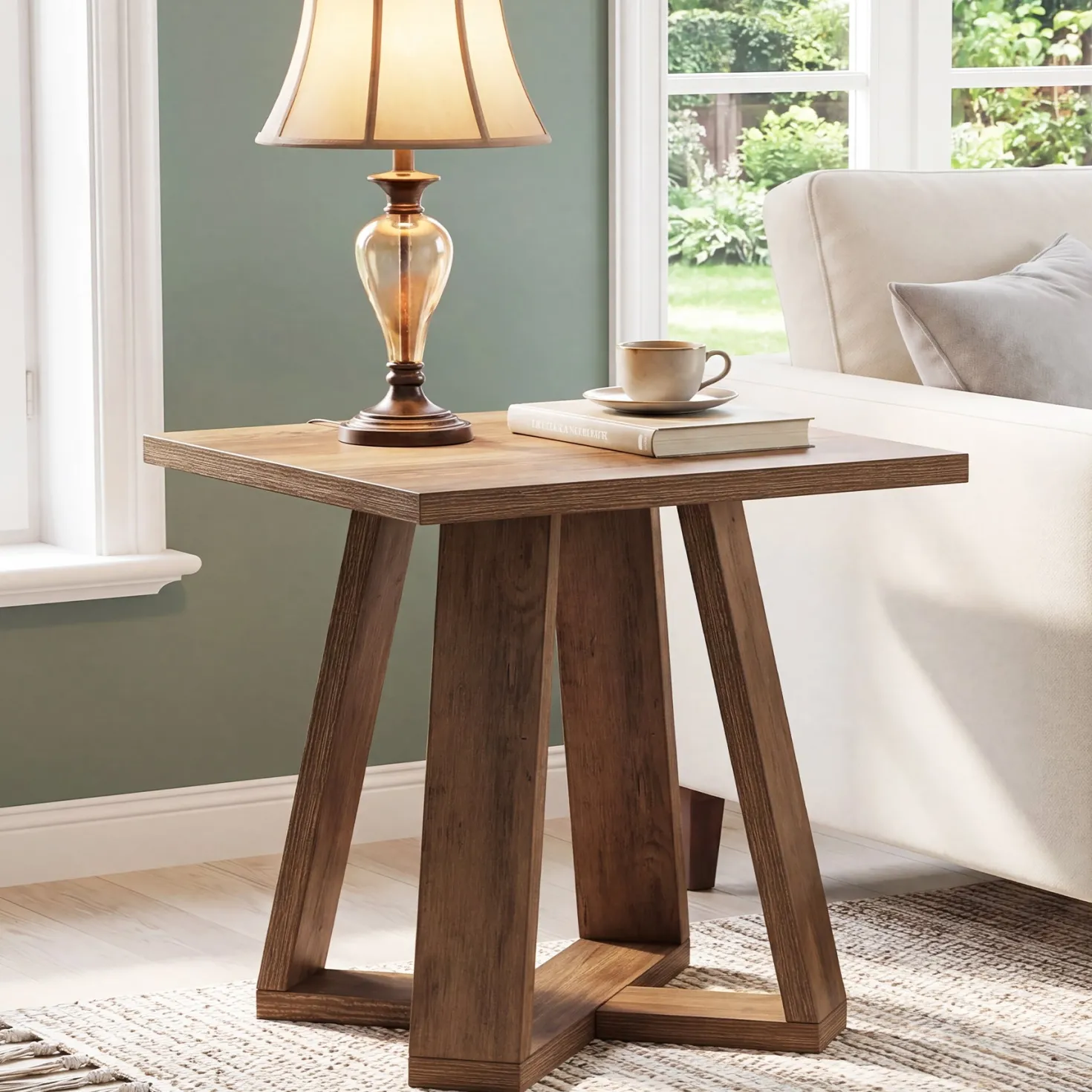 19.7" Farmhouse End Table, Cross Leg Square Side Table for Living Room