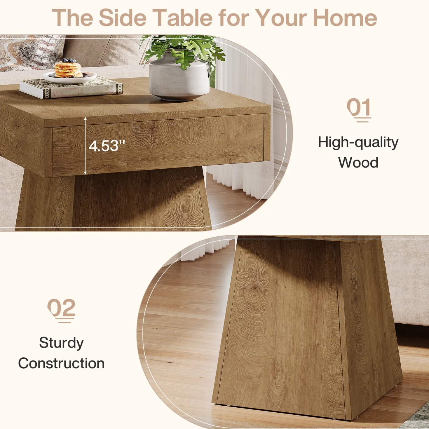 16.9" Farmhouse End Table, Square Side Table Nightstand with Wide Base