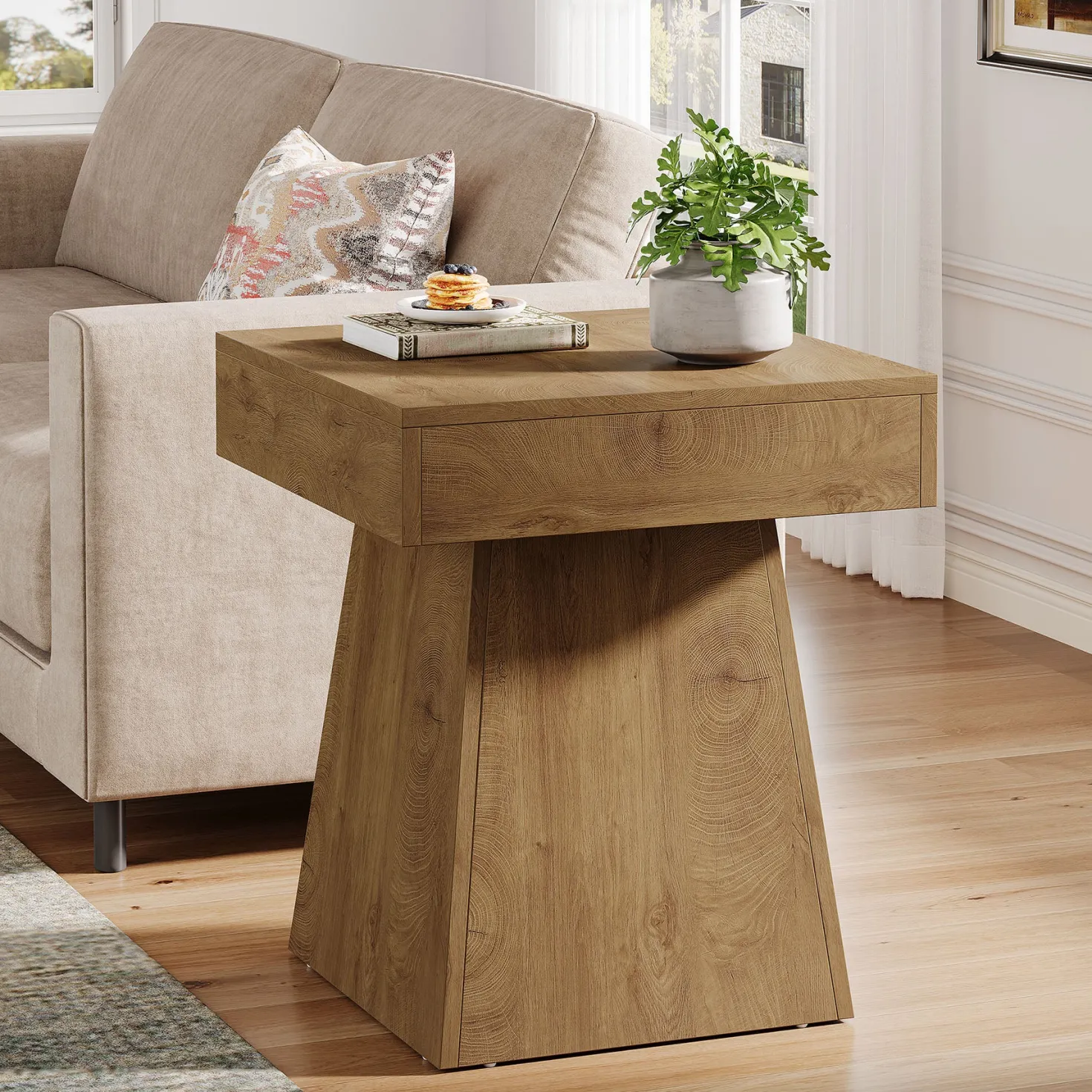 16.9" Farmhouse End Table, Square Side Table Nightstand with Wide Base