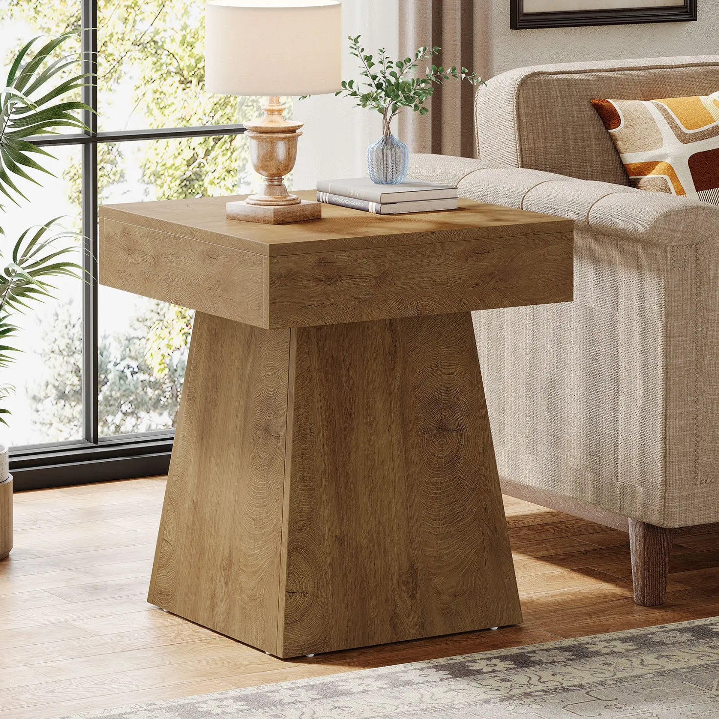 16.9" Farmhouse End Table, Square Side Table Nightstand with Wide Base