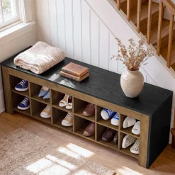 48" Farmhouse Entryway Bench, Shoe Storage Bench with 12 Cubbies for Hallway